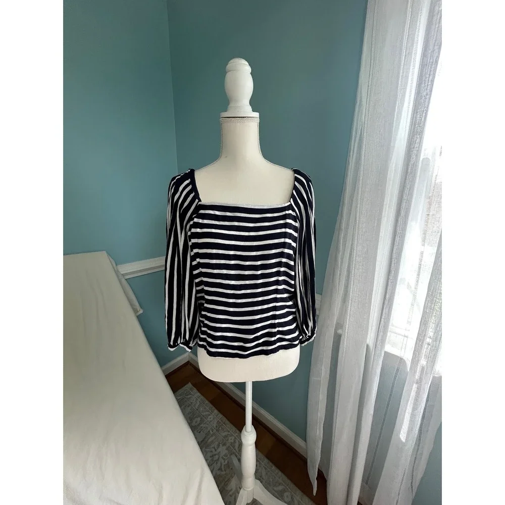 Banana Republic Women Navy White Striped Puff Sleeve Square Neck Button Back Top